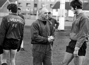 Liverpool manager Bill Shankly speaking with John Toshack during a training session