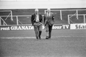 Liverpool manager Bill Shankly with Spurs manager Bill Nicholson inspecting the pitch