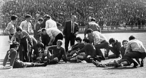 Tired Prints: Liverpool manager Bill Shankly tries to encourage his players as the score finishes level
