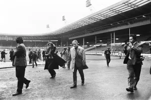 Liverpool manager Bill Shankly at Wembley Stadium to inspect the pitch ahead of his