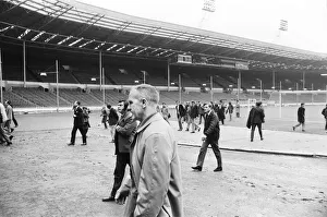 Liverpool manager Bill Shankly at Wembley Stadium to inspect the pitch ahead of his