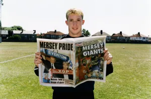 Liverpool striker Robbie Fowler with Mersey Giants Soccer Special. 10th August 1995