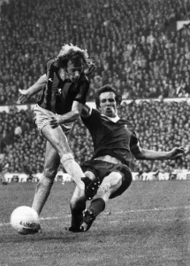 Liverpool v. Middlesbrough. David Mills of Middlesbrough (L