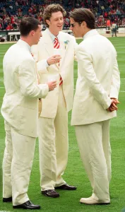 White Suit Prints: Liverpools Robbie Fowler, Steve McManaman and Jamie Redknapp on the pitch