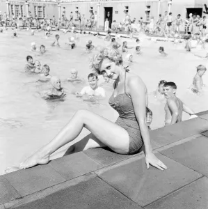 Liz Fraser, English actress, pictured at Durnsford Road Baths, Bounds Green