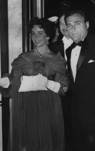 Liz Taylor with Mike Todd ex husband actress Liz in off shoulder chiffon evening gown