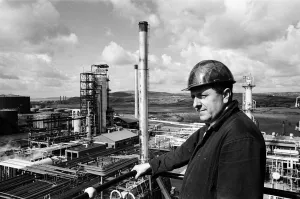 Llandarcy oil refinery. Blowerman Danny Evans looks out across the oil plant from a