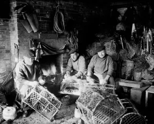 00086 Prints: Lobstermen repair their pots in their shanty at the West End of Bridlington harbour