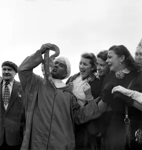 00009 Prints: Local man of Morocco holding up a large snake near his mouth to the amusement of a group