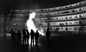 Silhouette Prints: Local residents of St Andrews Garden (The Bullring) seen here watching the bonfire
