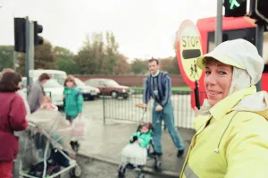 Lollipop lady Janet Taylor on duty at the junction of Trunk Road with Kings Road