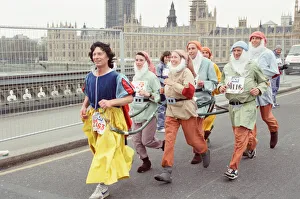 The London Marathon - 1991 Runners in fancy dress run over Westminster Bridge