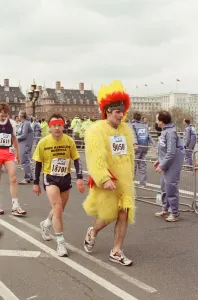 The London Marathon - 1991 Runners in fancy dress run over Westminster Bridge