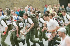 The London Marathon, 1991. Runners passing through and around Tower Bridge