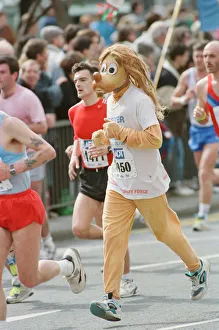 The London Marathon, 1991. Runners passing through and around Tower Bridge