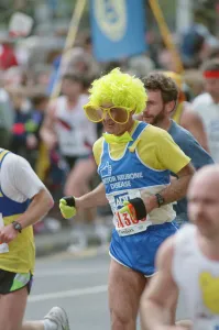 The London Marathon, 1991. Runners passing through and around Tower Bridge