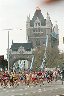 The London Marathon, 1991. Runners passing through and around Tower Bridge