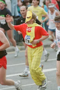 The London Marathon, 1991. Runners passing through and around Tower Bridge