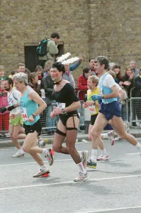 The London Marathon, 1991. Runners passing through and around Tower Bridge