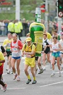 The London Marathon, 1991. Runners passing through and around Tower Bridge