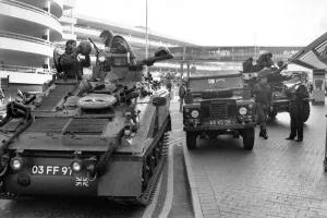 National Prints: London. Soldiers and armoured vehicles moved into Heathrow yesterday to guard against