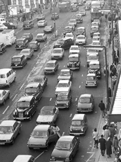 London traffic in Knightsbridge looking towards Hyde Park Corner. 6th January 1979