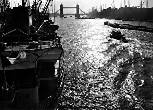 London Views Thames River April 1955 - Pool of London with Tower Bridge in the background