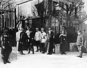 Lord Kitchener in France seen here meeting General Joffre / 9th April 1915