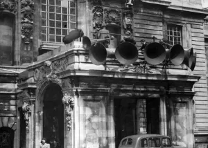 01437 Prints: Loudspeakers and floodlights are being placed above the entrance of City Hall, Cardiff