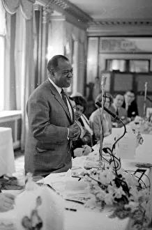Louis Armstrong making a speech during the Daily Mirror lunch for him at the Cafe Royal