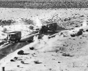 01462 Prints: A low level air attack on an enemy column near Benghazi during the Second World War