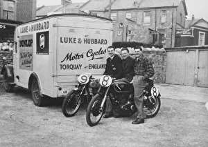 Motorbikes Prints: Luke and Hubbard Motor Cycles with a couple of their bikes in Torquay in the 1950s