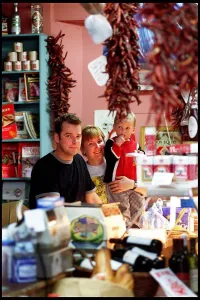 Wine Prints: Lupe Pintos Deli October 1998 owned by Doug Bell and Rhoda Robertson with son Vincent