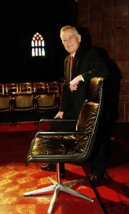 Magnus Magnusson television presenter seen here with the Mastermind chair in St Magnus