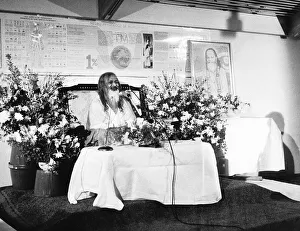 Religious Leader Prints: Maharishi Mahesh Yogi at a press conference at the Royal Festival Hall London he is on a