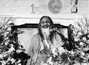 Maharishi Mahesh Yogi at a press conference at the Royal Festival Hall London on his