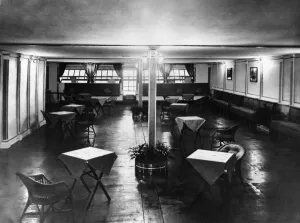 The main lounge of the R101 airship The colour scheme was white panels with gold inlay