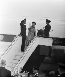 Leaving Prints: Her Majesty The Queen and The Duke of Edinburgh leave London Airport in a Comet IV for