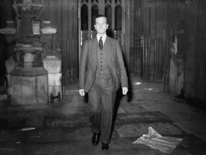 Major John Freeman Under Secretary of State for War leaving Houses of Parliament after