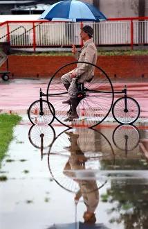 00078 Prints: Malcolm Young trys out his home made 1876 replica Coventry tricycle at the Northern Cycle
