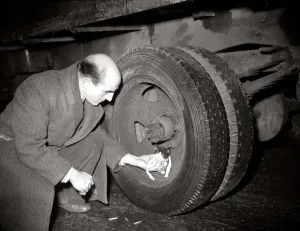 00135 Prints: A man helps a kitten who was trapped in lorry wheel January 1950