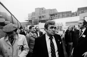 Manager of the Belgian Bruges football team Ernst Happel pictured as the team bus arrives