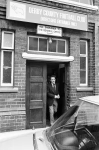 Manager Brian Clough and assistant Peter Taylor leaving Derby County after a meeting with