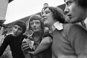 00993 Prints: Manchester City football supporters gathered outside the ground before a match