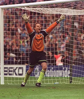 Manchester City keeper Nick Weaver celebrates May 1999 their win over
