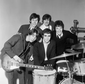Men Only Prints: Manchester pop group The Hollies pictured with their stand-in drummer Tony Mansfield
