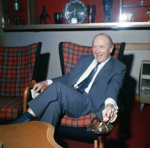 Manchester United boss Sir Matt Busby at his desk at Old Trafford. 27th May 1968