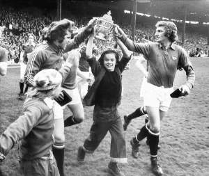 Manchester United captain Martin Buchan April 1975 holding the 2nd Second