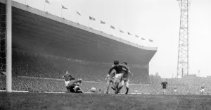 Manchester United forward George Best has his shot saved at point blank range by Chelsea
