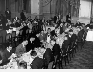 Hotels Prints: Manchester United hold their promotion dinner at the Midland Hotel. 27th July 1938